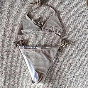 Pretty Little Thing Bikini Set Tan Mesh String Size 14